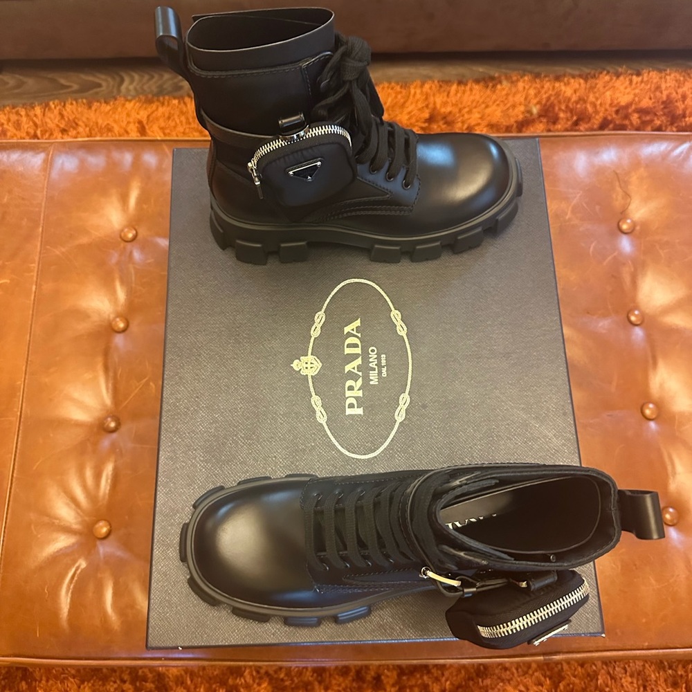 Men's Prada Re-Nylon & Leather Zip Pocket Combat Boots Size U.K. 7 fits U.S 8
